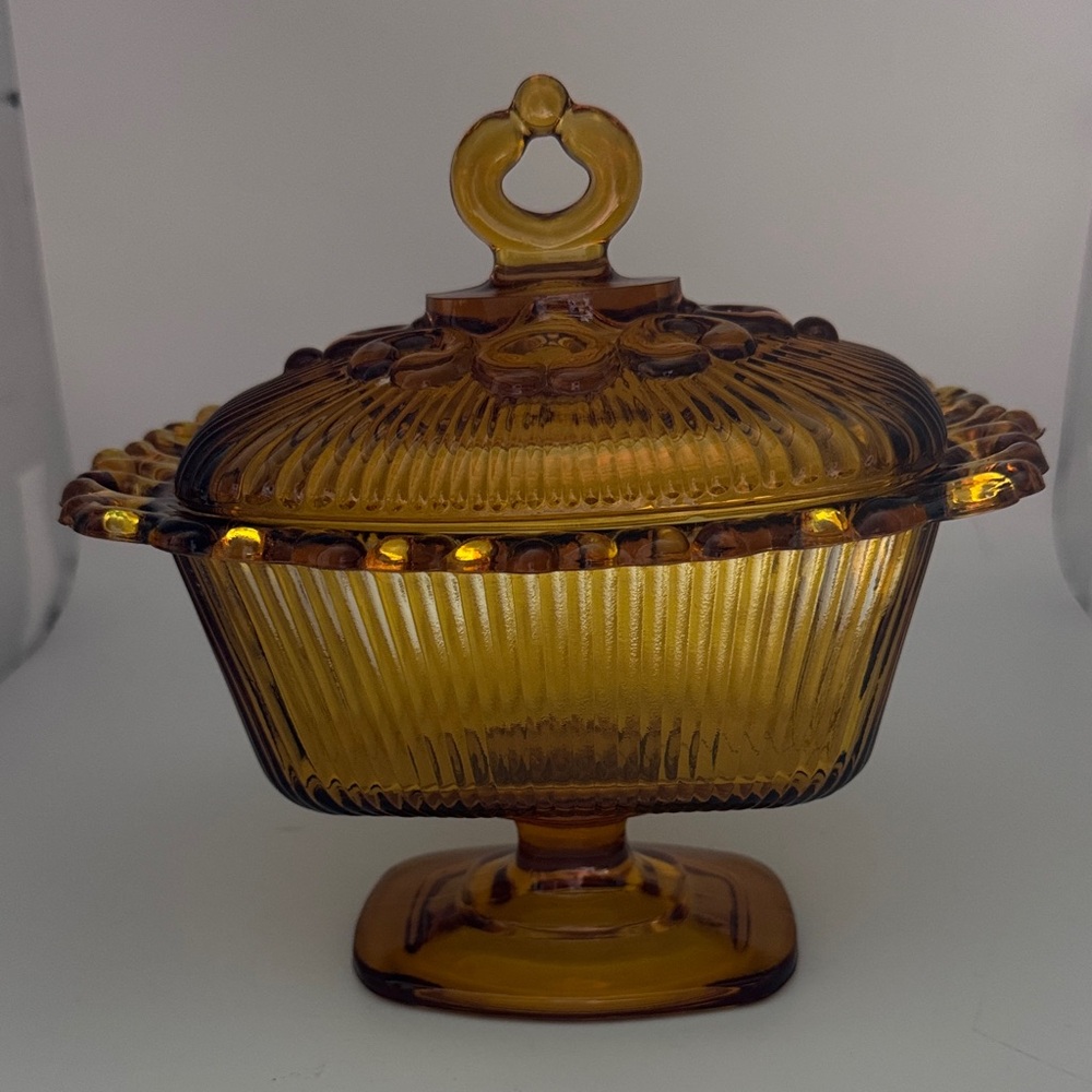 Vintage ?Indiana?Amber Glass Lidded Candy DishCompote